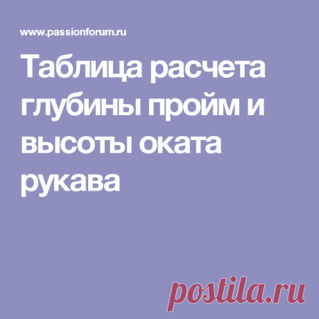 Таблица расчета глубины пройм и высоты оката рукава