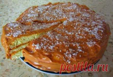 Торт на сгущенном молоке 
Быстрый в приготовлении, мягкий и вкусный торт на сгущенном молоке готовлю очень часто. Гостям и домашним нравится, хочу поделится рецептом и с вами. 
 
Ингредиенты: 
 
Для коржей: 
 
— сгущенное молоко – 1 банка; 
 
— яйца – 3 шт.; 
 
— мука – 1 стакан; 
 
— разрыхлитель – 10 грамм. 
 
Для крема: 
 
— вареное сгущенное молоко – 1 банка; 
 
— сливочное масло – 100 грамм; 
 
— кокосовая стружка – 20 грамм. 
 
Приготовление: 
 
Сгущенное молоко и яйца взбиваем миксером на