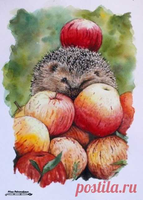 Рисуем ёжика с яблоками