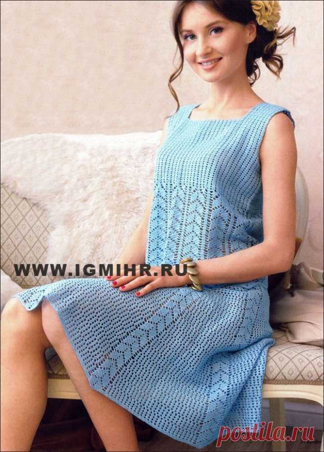 (1191) Летний комплект голубого цвета, в технике филейного вязания: 2 майки и юбка. Крючок
