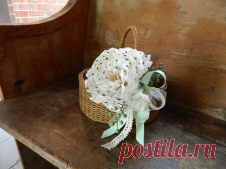 Flowergirl Basket Flowergirl Basket with Large cream and black burlap flower with green berries.Mint green and lace ribbon. Basket is 8x 8