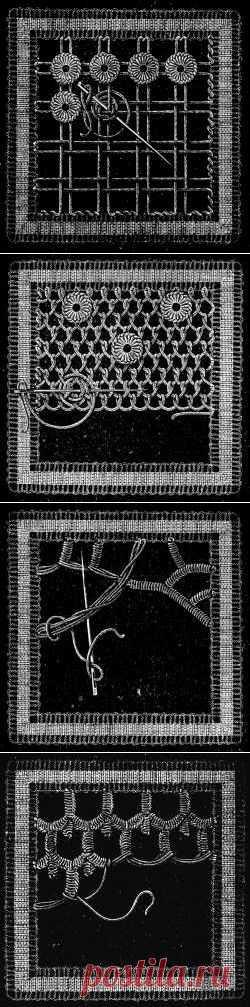 Irish Lace - Chapter XIII - Encyclopedia of Needlework, Irish lace materials, Irish lace patterns, tacking down the braids, bars of different kinds, Insertion stitches