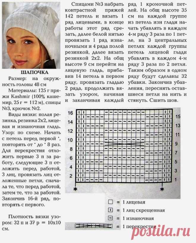 Женская вязаная спицами шапка