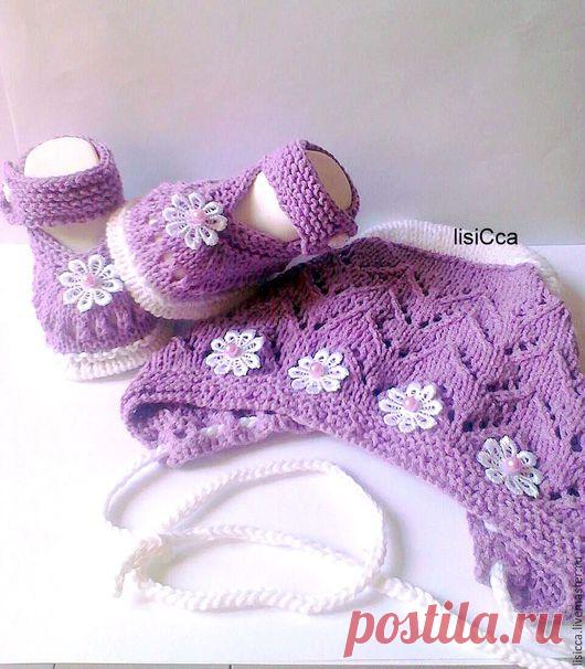 Купить Комплект Ежевичка - сиреневый, пинетки для новорожденных, пинетки вязаные, пинетки, чепчик для новорожденного, чепчик