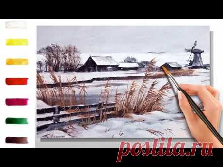 Камыш и Мельница. Как нарисовать пейзаж 🎨АКРИЛ! Сезон 9-2 | Мастер-класс ДЕМО