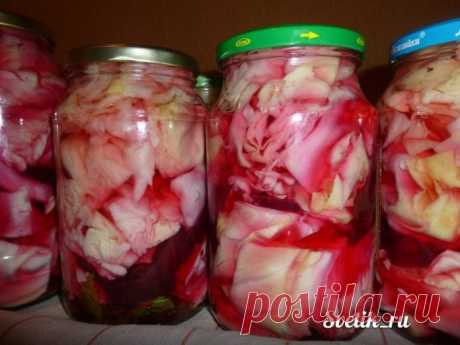 Маринованная хрустящая капуста на зиму - Эфария Приготовление: Выкладываем на дно чистой банки: листок хрена, перец горошком, горчица гвоздика, кориандр, зубчик чеснока. Выкладываем капусту, нарезанную кубиками 5/5, несколько кусочков свёклы, для розового цвета. Заливаем все кипятком и через 10 минут, сливаем воду в кастрюлю. Даем воде закипеть и добавляем на 1 литровую банку: 2 -3 чайные ложки сахара, 1 чайную ложку соли, 1 чайную