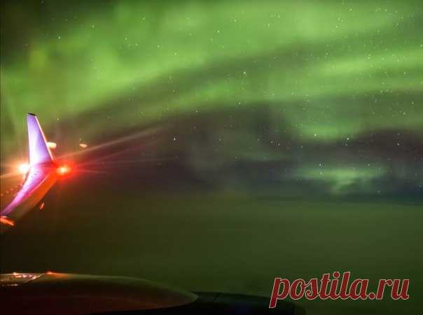 Во время рейса из Нью-Йорка в Рейкьявик фотограф смог запечатлеть северное сияние прямо с борта самолета.