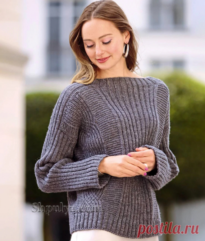 Пуловер с кокеткой с перекидным плечом — Shpulya.com - схемы с описанием для вязания спицами и крючком