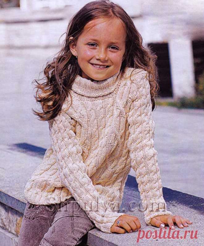 Свитер с аранами для девочки спицами — Shpulya.com - схемы с описанием для вязания спицами и крючком
