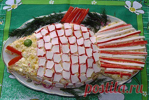 Рецепт салатика «Морская рыбка» с рыбой и крабовыми палочками.