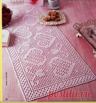 Прямоугольная салфетка 35 Х 82 СМ (сердечки, филейное вязание)