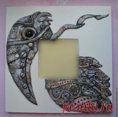 Панно зеркало Мудрая Птица (стимпанк, ворон) - серебряный, биомеханика, птица, панно на стену