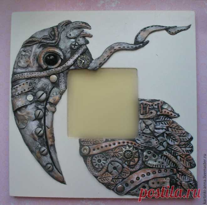 Панно зеркало Мудрая Птица (стимпанк, ворон) - серебряный, биомеханика, птица, панно на стену