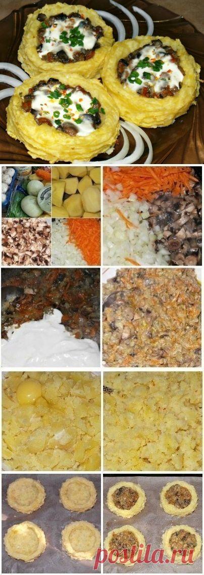 Как приготовить картофельные гнезда с грибами, в чесночно-сметанном соусе - рецепт, ингридиенты и фотографии