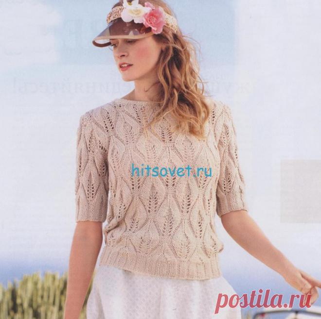 Спицы.Бежевый ажурный пуловер