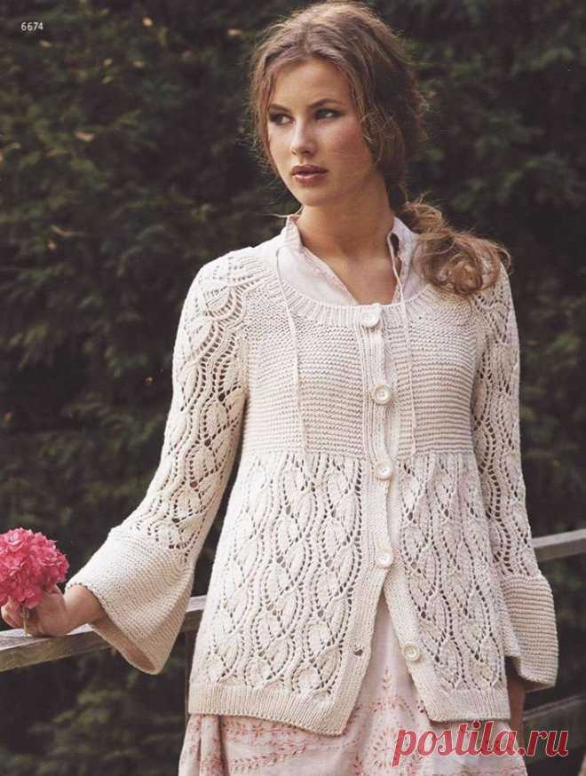 Как связать спицами женский жакет Вьюнок из хлопка – описание и схема растительного узора