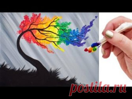 Rainbow Willow Tree Q Tip Acrylic Painting for Beginners tutorial 🌈🎨💜