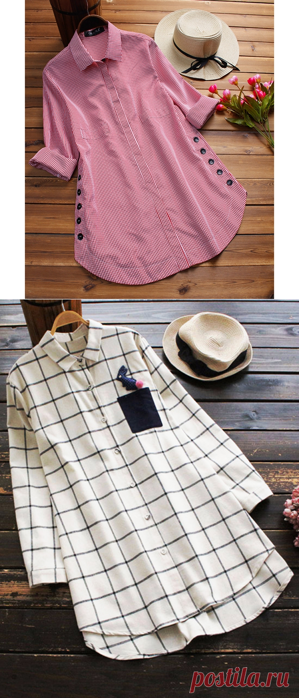 Casual Plaid Print Side Buttons Irregular Long Sleeve Blouses For Women Cheap - NewChic