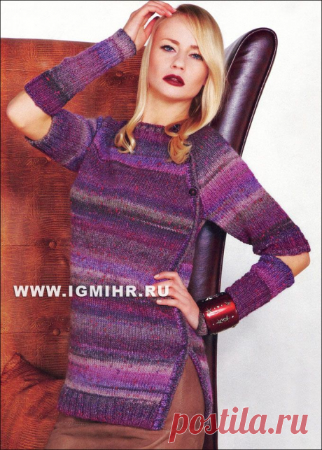 Модный комплект: меланжевый пуловер-реглан + нарукавники, от итальянских дизайнеров. Спицы