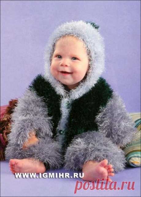 Пушистый комбинезон с капюшоном, для малыша 3-6 месяцев. Спицы