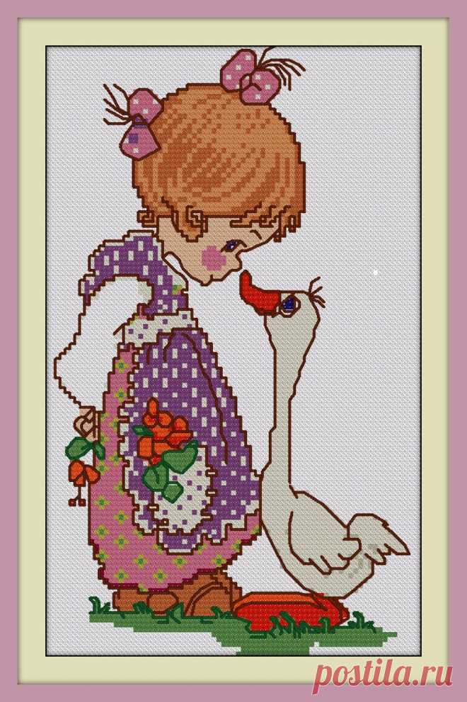 Girl with a Goose Cross Stitch Pattern Download Cross Stitch | Etsy
