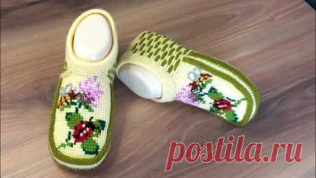 Вязаные тапочки Скоро лето 🐝🌺🐞 .раз.39.тунисское вязание+спицы