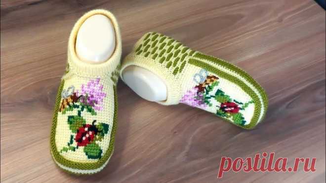 Вязаные тапочки Скоро лето 🐝🌺🐞 .раз.39.тунисское вязание+спицы