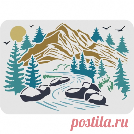 Plantillas de plástico reutilizables para pintar, plantillas con vista a las montañas de 11,7x8,3 pulgadas, con dibujo de árbol de pino, río, sol, pájaros, para pared - AliExpress