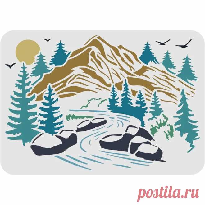 Plantillas de plástico reutilizables para pintar, plantillas con vista a las montañas de 11,7x8,3 pulgadas, con dibujo de árbol de pino, río, sol, pájaros, para pared - AliExpress