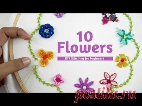 EMBROIDERY FOR BEGINNERS | 10 Beautiful Hand Embroidery Flowers Stitch by DIY Stitching