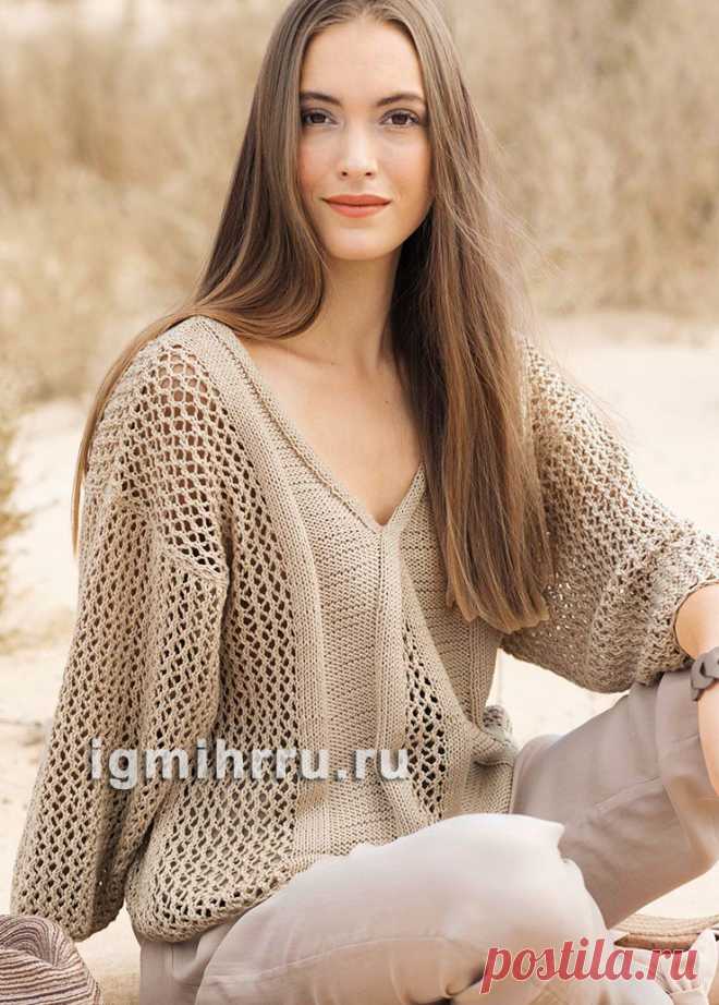 Бежевый пуловер с ажурным узором. Вязание спицами