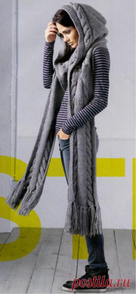 LONG GRAY SCARF WITH HOOD