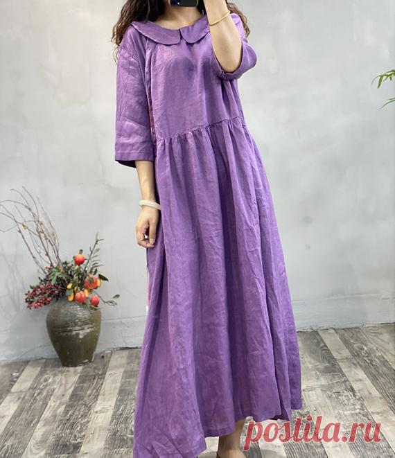 Solid color linen long dress doll collar maxi dresses loose | Etsy 【Fabric】 linen 【Color】 Purple, red, yellow 【Size】 Shoulder width 44cm/ 17 Bust 114cm/ 44 Sleeve length 32cm/ 12 Big arm circumference 37cm/ 14.4 Length 120cm/ 47  Have any questions please contact me and I will be happy to help you.
