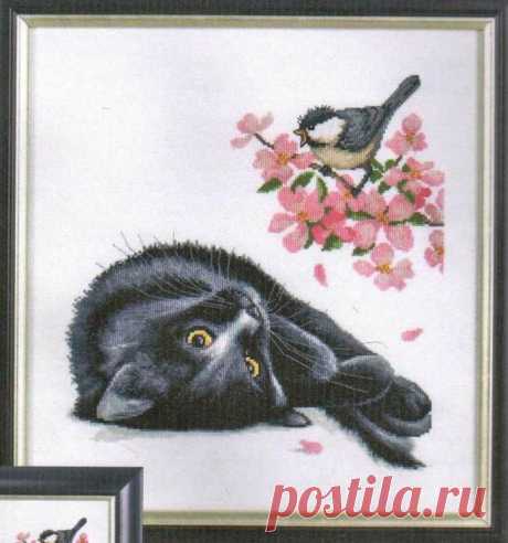 Кот и синички. Вышивка. Алисенна