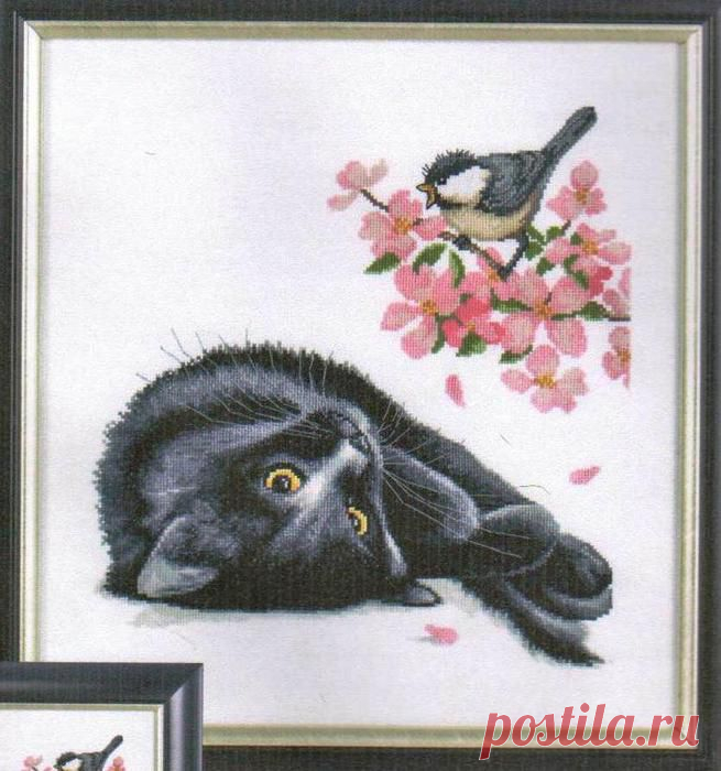 Кот и синички. Вышивка. Алисенна