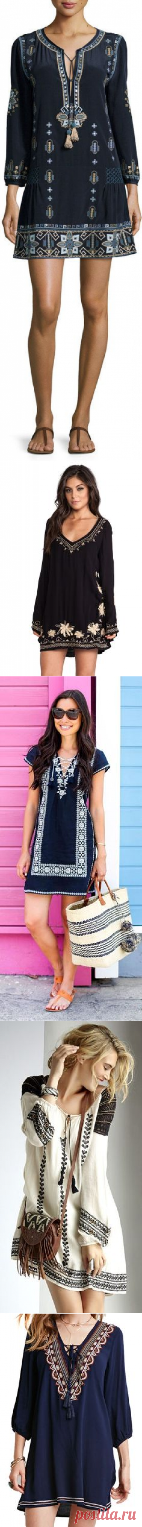 Calypso St. Barth Nona Long-Sleeve Embroidered Dress, Navy | Boho