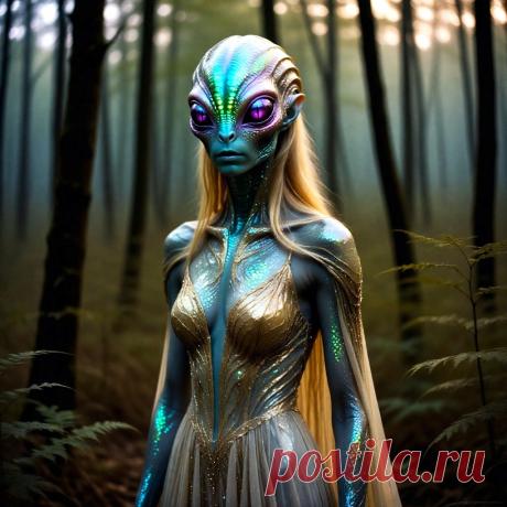 КРАСИВАЯ ПРИШЕЛИЦА с ПЛАНЕТЫ СЕРЕБРИСТЫХ РЕПТИЛОИДОВ (нейросеть Шедревум).
