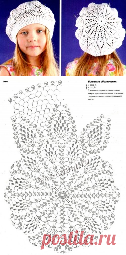 Белый ажурный берет крючком для девочки - Детские шапочки крючком