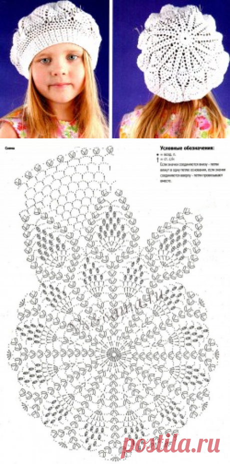 Белый ажурный берет крючком для девочки - Детские шапочки крючком