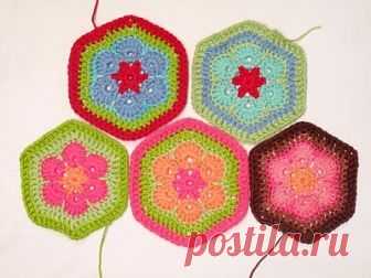 Связать крючком цветочный шестигранный мотив по очень подробному уроку.