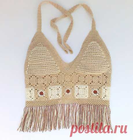 Летний топ крючком в стиле бохо | Paradosik_Handmade | Пульс Mail.ru Бежевый топ, связанный из мотивов крючком, с бахромой по краю