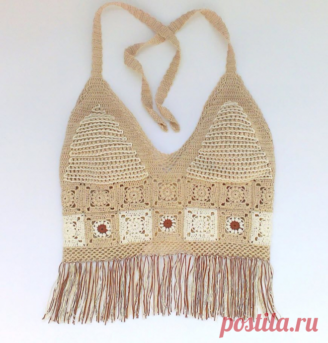 Летний топ крючком в стиле бохо | Paradosik_Handmade | Пульс Mail.ru Бежевый топ, связанный из мотивов крючком, с бахромой по краю