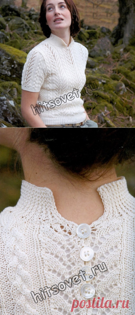 Белый джемпер с ажурными и рельефными узорами (спицы)