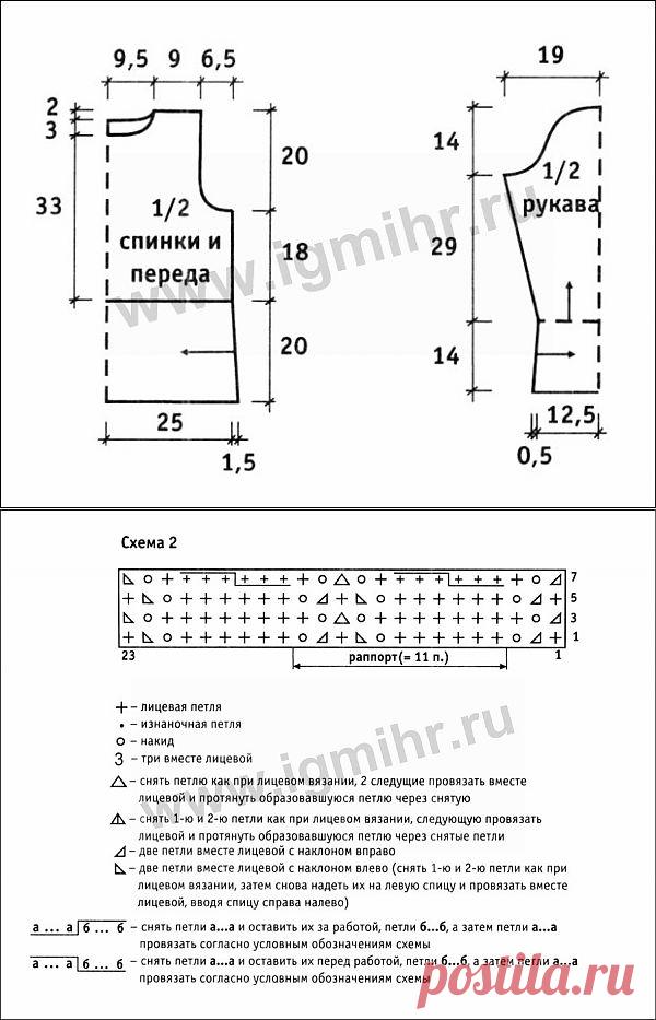 Нарядный белый пуловер с вертикальными узорами и каймой, связанной поперек. Спицы