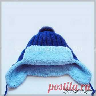 Вязаная спицами зимняя шапка-ушанка от автора Натальи Кузьминой.