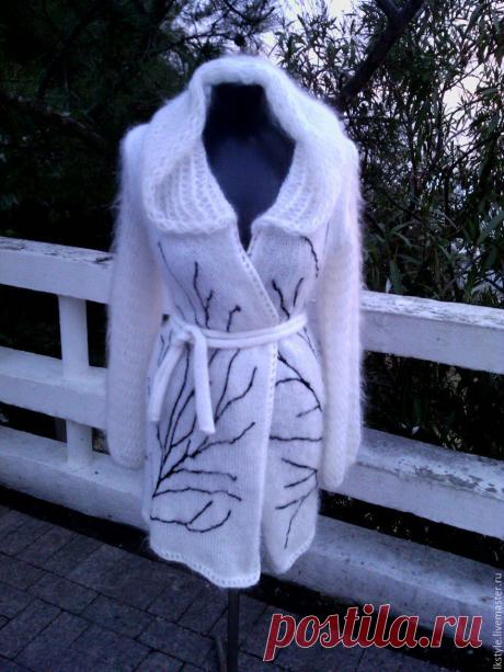 Купить Кардиган с капюшоном из мохера "Веточка" - чёрно-белый, абстрактный, кардиган ручной работы