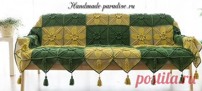 Накидка для дивана квадратными мотивами крючком - Handmade-Paradise