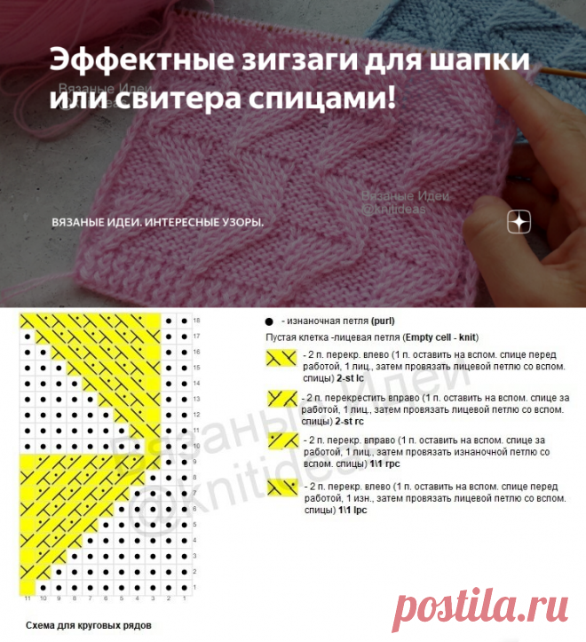 Эффектные зигзаги для шапки или свитера спицами! | Вязаные идеи. Интересные узоры. | Яндекс Дзен