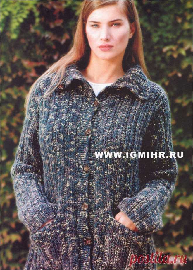 Удобный теплый жакет из меланжевой пряжи для полной дамы. Спицы
