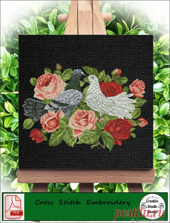 Старинная схема вышивки крестом Голуби и цветы – купить на Ярмарке Мастеров – QX4CSRU | Схемы для вышивки, Таганрог Старинная схема вышивки крестом Голуби и цветы в интернет-магазине на Ярмарке Мастеров. Старинная схема вышивки крестом 